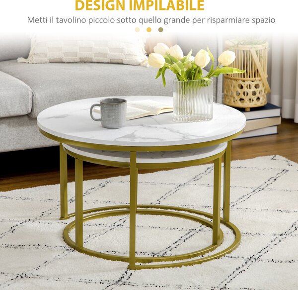HOMCOM Set 2 Tavolini da Salotto Rotondi e Impilabili in Acciaio e Truciolato, Ø74x46.3 cm e Ø59x38.5 cm, Bianco e Oro|Aosom
