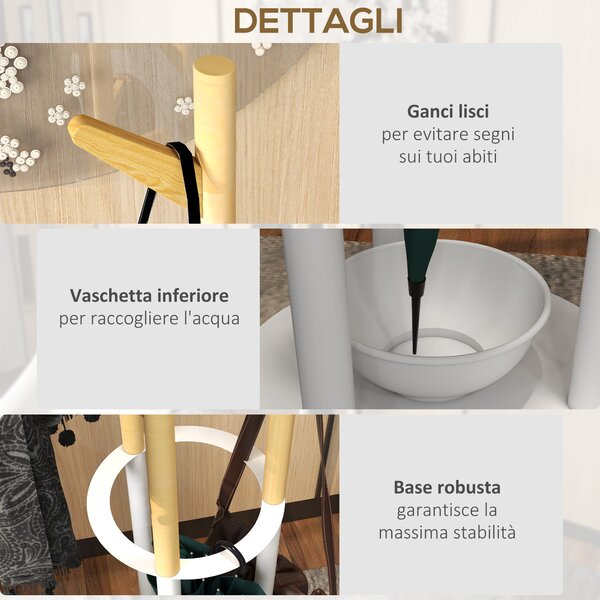 HOMCOM Appendiabiti da Terra di Design con Portaombrelli e 13 Ganci, Metallo e Bambù, 30.5x30.5x174.5cm, Legno e Bianco|Aosom