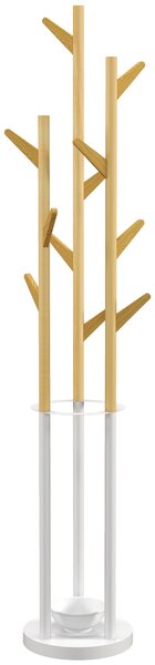 HOMCOM Appendiabiti da Terra di Design con Portaombrelli e 13 Ganci, Metallo e Bambù, 30.5x30.5x174.5cm, Legno e Bianco|Aosom