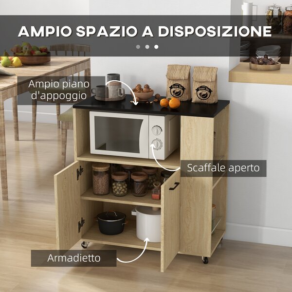 HOMCOM Carrello da Cucina con Ripiano Aperto, Armadietto e Scaffale Laterale, in Legno, Mobiletto Cucina con Ruote, Rovere e Nero | Aosom Italy