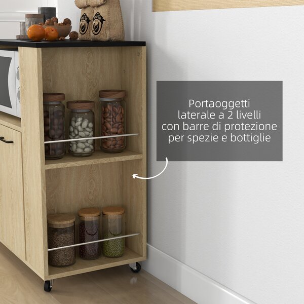 HOMCOM Carrello da Cucina con Ripiano Aperto, Armadietto e Scaffale Laterale, in Legno, Mobiletto Cucina con Ruote, Rovere e Nero | Aosom Italy