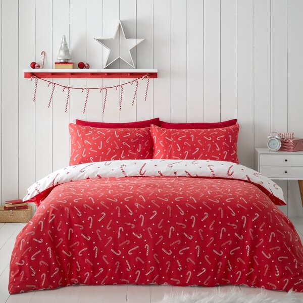 Biancheria da letto singola bianca e rossa 135x200 cm Candy Cane - Catherine Lansfield