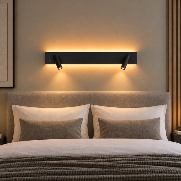 Lampada da Parete Moderna Nera a 2 Luci con LED, Retroilluminazione e USB-C - Longly