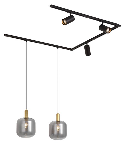 Sistema a binario moderno nero con 2 lampade a sospensione e 3 faretti monofase - Iconic Zuzanna Jeana Luxe