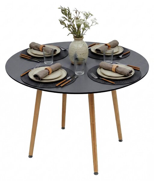 Tavolo da pranzo Relaxdays, rotondo, A x P: 75 x 90 cm, MDF e bambù, per 4 persone, tavolo da pranzo in stile scandinavo, nero/naturale