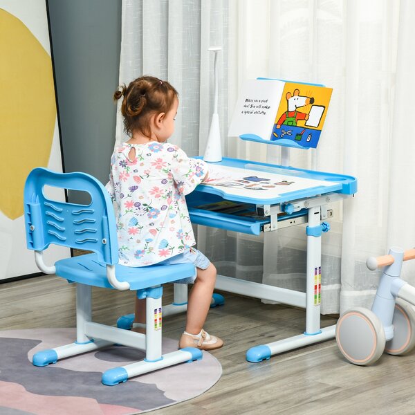 HOMCOM Scrivania per Bambini con Sedia Regolabile per Età 6-12 Anni Piano Inclinabile a 45 Gradi con Lampada LED Acciaio e MDF Blu|Aosom