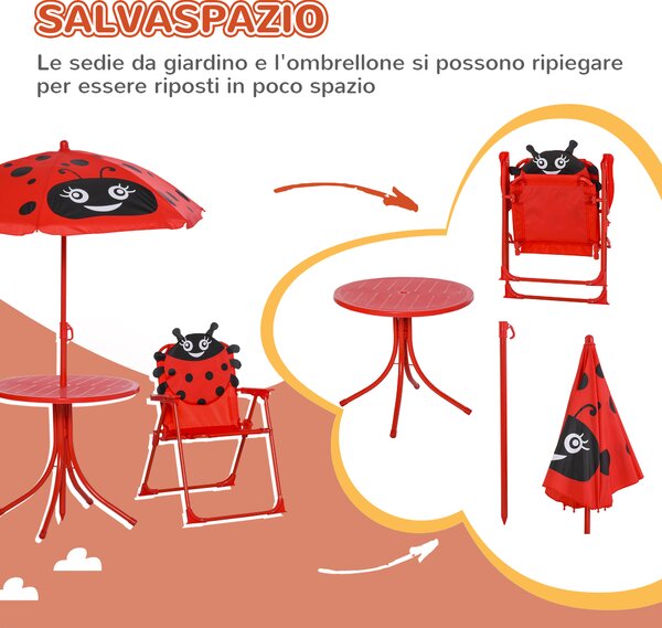 Outsunny Set Tavolo da Giardino con 2 Sedie Pieghevoli e Ombrellone per Bambini in Metallo e Poliestere, Rosso|Aosom