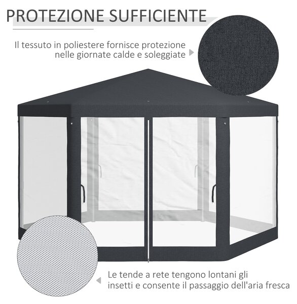 Outsunny Gazebo da Giardino Esagonale con Doppio Ingresso, in Metallo e Poliestere, 3.94x3.94x2.5 m, Grigio|Aosom