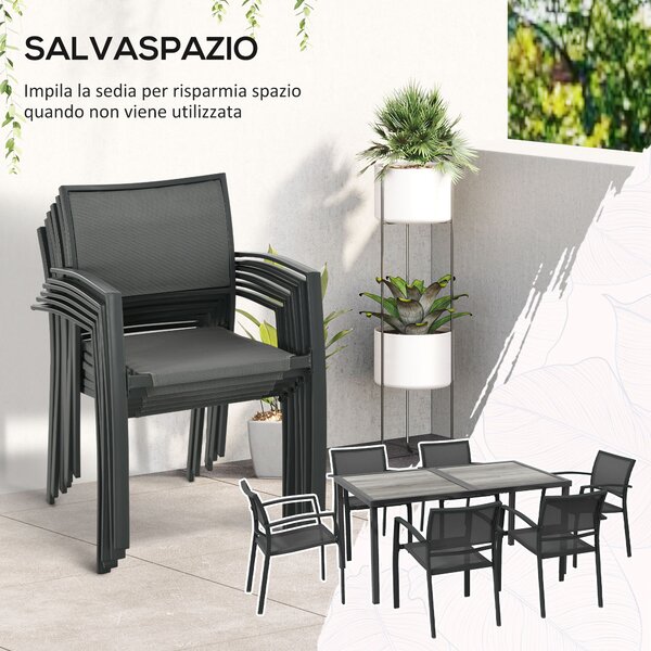 Outsunny Set da Giardino con 6 Sedie Impilabili in Tessuto a Rete e Tavolo Effetto Legno, Grigio