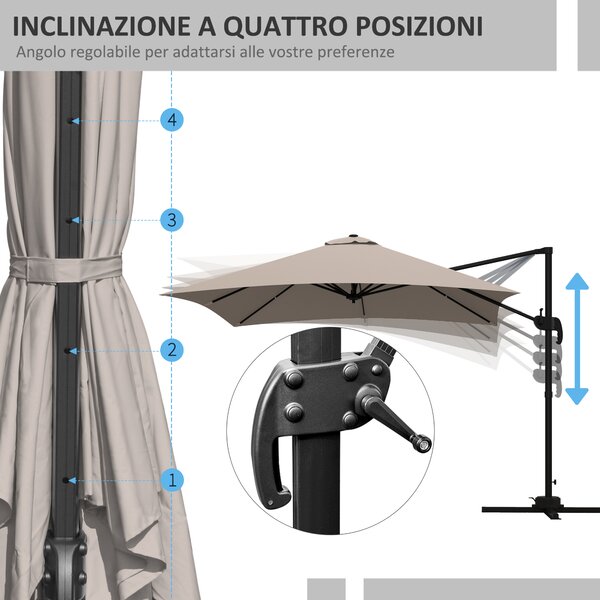 Outsunny Ombrellone 3x3 m a Braccio con 8 Stecche, Pedale e Manovella, in Alluminio e Poliestere, color Khaki|Aosom