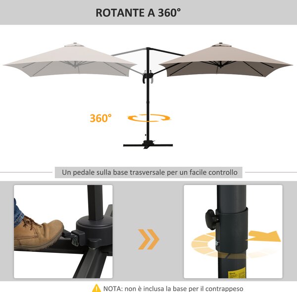 Outsunny Ombrellone 3x3 m a Braccio con 8 Stecche, Pedale e Manovella, in Alluminio e Poliestere, color Khaki|Aosom