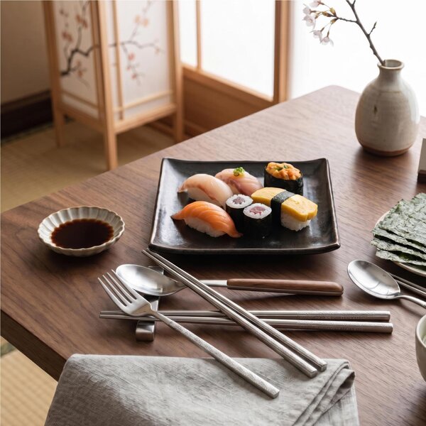 Set KYOTO SUSHI ORIGAMI in acciaio 18.10 forgiato accoglie 3 posate finitura inox lucido INCISA pi� poggia posate in confezione regalo a Libro