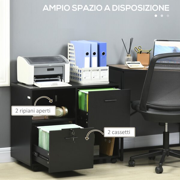 Vinsetto Mobile da Ufficio con 2 Cassetti Porta Documenti e Ripiani, Ruote con Blocco, 80x40x66cm, Nero|Aosom