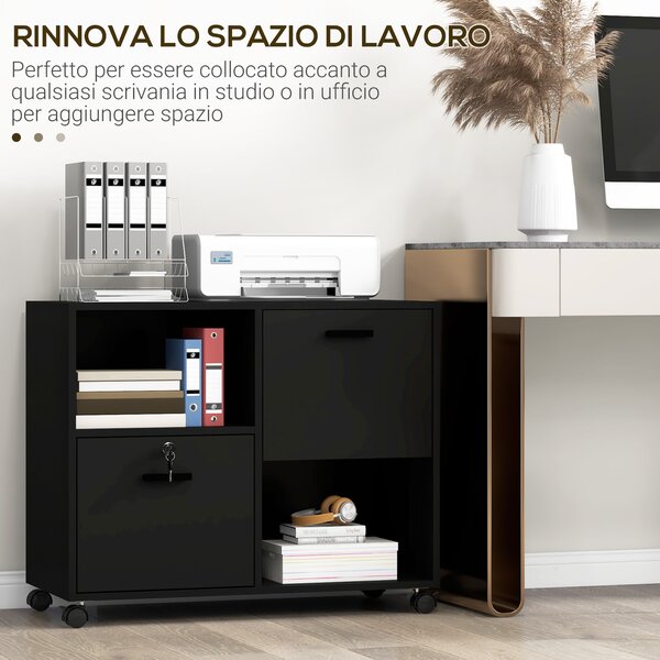 Vinsetto Mobile da Ufficio con 2 Cassetti Porta Documenti e Ripiani, Ruote con Blocco, 80x40x66cm, Nero|Aosom