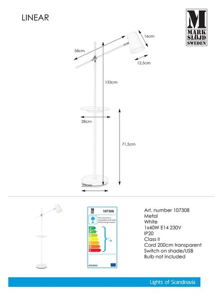 Lampada a stelo bianca con vano portaoggetti Linear - Markslöjd
