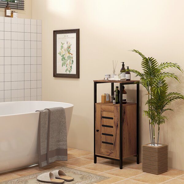 Kleankin Mobile da bagno basso con porta a doghe struttura in acciaio vano aperto 37 x 30 x 85 cm marrone rustico