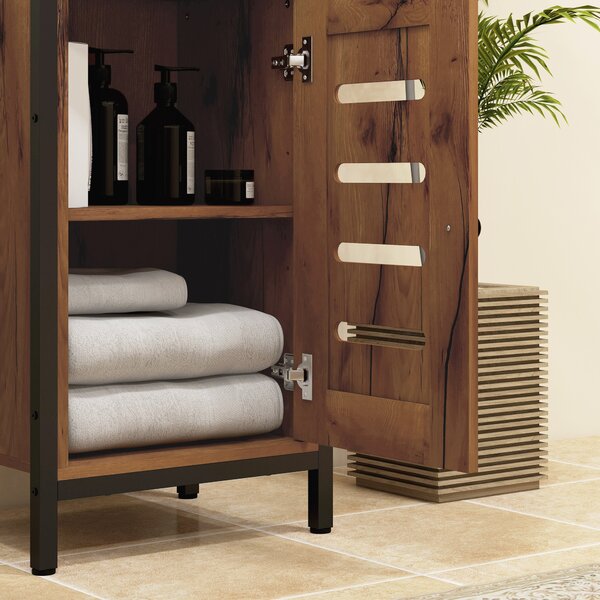 Kleankin Mobile da bagno basso con porta a doghe struttura in acciaio vano aperto 37 x 30 x 85 cm marrone rustico