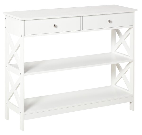 HOMCOM Tavolo Moderna Consolle da Ingresso con 2 Cassetti e 2 Mensole, Mobile da Soggiorno in MDF, 100x30.5x80cm, Bianco|Aosom Italy