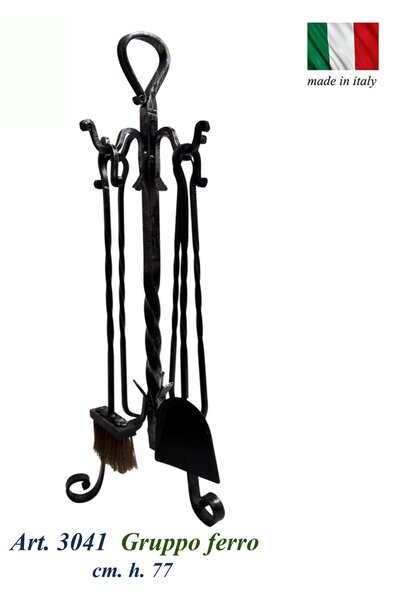 Gruppo per camino in Ferro battuto ANELLO Dimensione h 77 cm - Peso 5,6 kg 5 pezzi manicatura in legno lavorazione artigianale in stile classico made In Italy