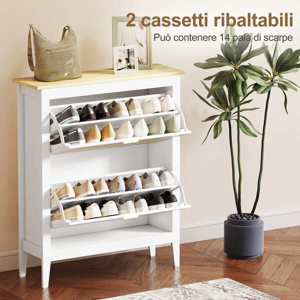 HOMCOM Scarpiera Slim Stile Boho con 2 Cassetti Ribaltabili per 14 Paia di Scarpe, 80x24x95.5 cm, Bianco | Aosom Italy