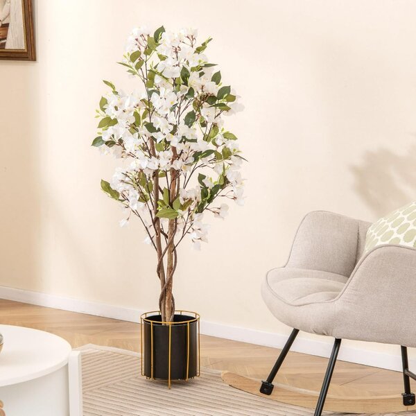 Costway Albero artificiale di bougainvillea alto 120 cm, Pianta verde finta in vaso con 360 fiori e 40 foglie Bianco 1 Confezione