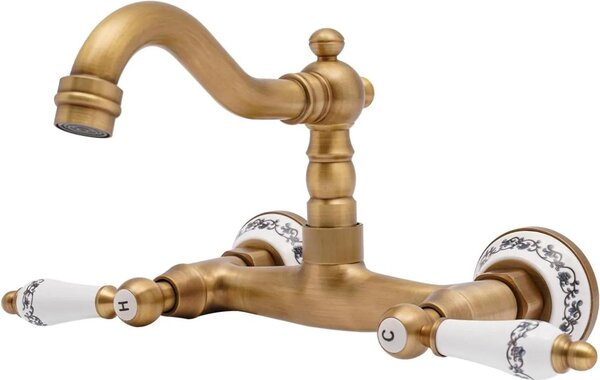 Rubinetto da cucina – Rubinetto per lavello da montare a parete – Miscelatore a due manopole – Bocchetta girevole – Design vintage – Oro