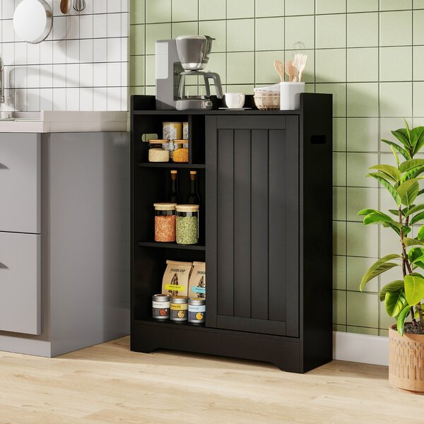 Costway Armadio sottile con porta carta igienica e ripiani regolabili accanto al wc, Armadio da bagno per spazi ridotti Nero