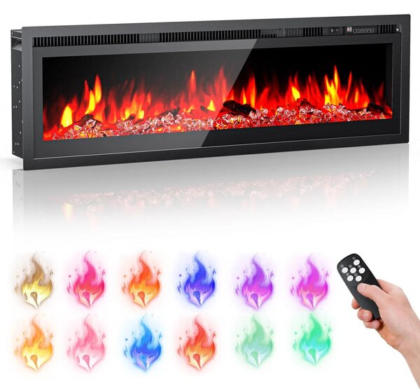 Camino elettrico - Da parete e da incasso - Con supporto - Telecomando - Fiamme LED a 9 colori - Per uso interno - Marrone