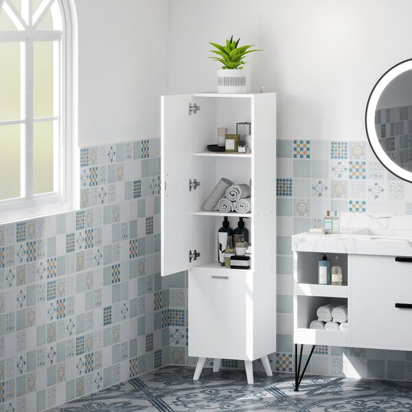 Mobile da Bagno a Colonna 35x31,5x144 cm con 2 Ante e Ripiani in Legno Bianco