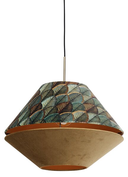 Lampada a sospensione moderna bronzo con doppio paralume in velluto con motivo a foglie e beige - Combi 1