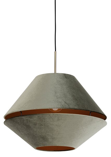 Lampada a sospensione moderna bronzo con doppio paralume in velluto verde - Combi 1
