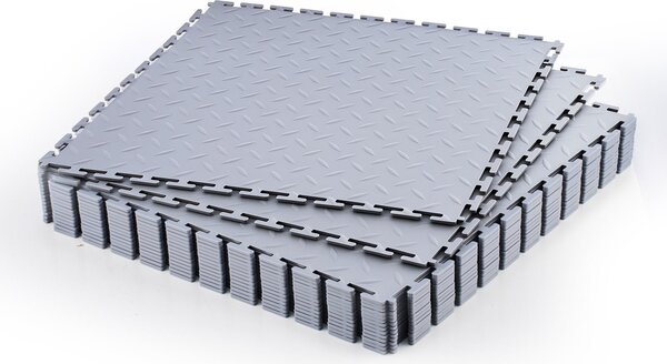 Pavimento in PVC per garage - Piastrelle a incastro - Superficie 4,2 m² (confezione da 16) - 51,3 x 51,3 x 0,5 cm - Profilo diamantato antiscivolo - Posa a incastro - Per garage, officina, magazzino - Grigio chiaro