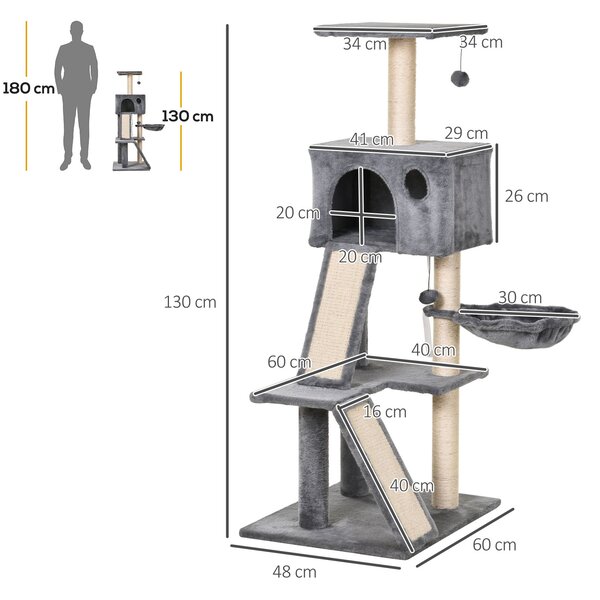 PawHut Tiragraffi per Gatti Albero con Cuccia Lettino Sospeso e Scale 2 in Peluche Gioco e Rilassamento Giorgio|Aosom