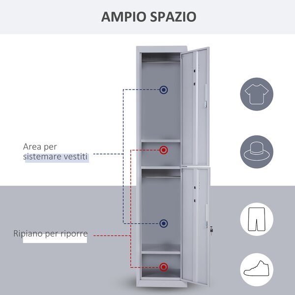 Vinsetto Armadietto Guardaroba in Acciaio 4 Ripiani 2 Porte con Chiusura di Sicurezza, Grigio, 38x46x180cm|Aosom