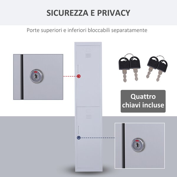 Vinsetto Armadietto Guardaroba in Acciaio 4 Ripiani 2 Porte con Chiusura di Sicurezza, Grigio, 38x46x180cm|Aosom