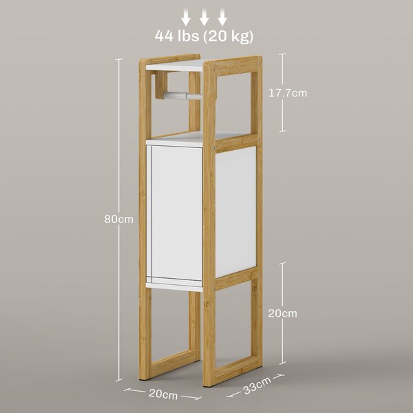 HOMCOM Mobile Bagno Salvaspazio con Porta Carta Igienica, Armadietto e Ripiano in Bambù, 20x33x80cm, Bianco