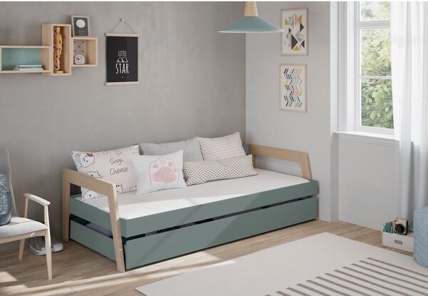 Letto da bambini estraibile verde/verde polveroso in pino massiccio con contenitore con rete inclusa 90x200 cm Carrie – Marckeric
