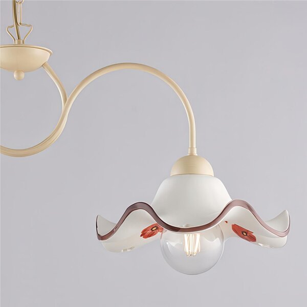Lampadario Anemone in Ferro Laccato Avorio e Decorazione Decape', Diffusore in Ceramica �30 cm, 1 x E27 - 55 Watt Max, Dimensioni 30x30x h 16cm - Max 91 cm