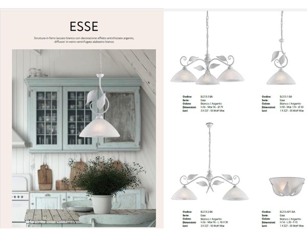 Lampadario in Ferro Laccato Decorazione Oro Antico Diffusore in Vetro �30 cm, 1 x E27 - 55 Watt Max, Dimensioni 30x30x h 36 cm - Max 110 cm Avorio Oro