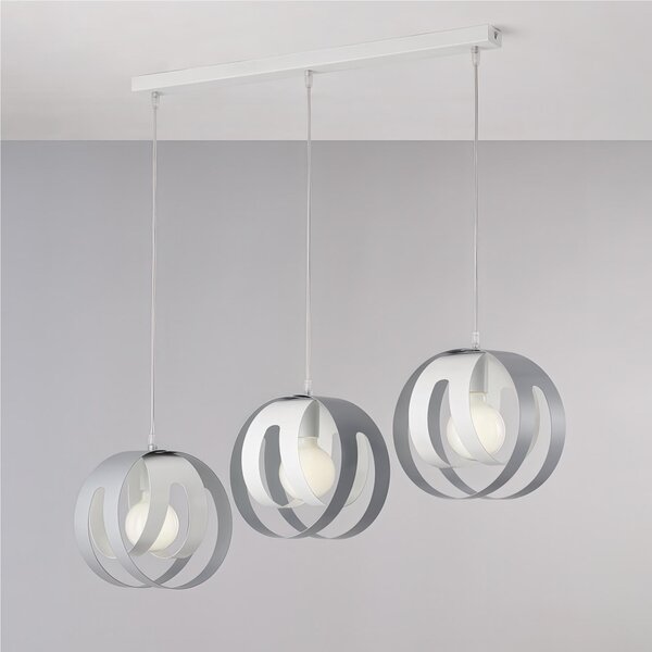 Sospensione con Binario e diffusori taglio laser in ferro laccato tre luci TOBIAS Dimensioni 86x h26cm - MAX 133,3 x E27 - 55 Watt Max, Cavo Elettrico Regolabile colore Bianco Grigio