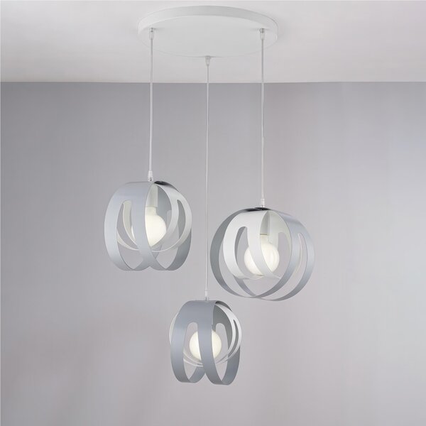 Sospensione con Rosone Circolare e diffusori taglio laser in ferro laccato tre luci TOBIAS Dimensioni 55x h33 cm - MAX 133 3 x E27 - 55 Watt Max, Cavo Elettrico Regolabile colore Bianco Grigio