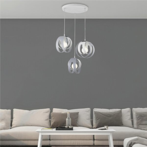 Sospensione con Rosone Circolare e diffusori taglio laser in ferro laccato tre luci TOBIAS Dimensioni 55x h33 cm - MAX 133 3 x E27 - 55 Watt Max, Cavo Elettrico Regolabile colore Bianco Grigio