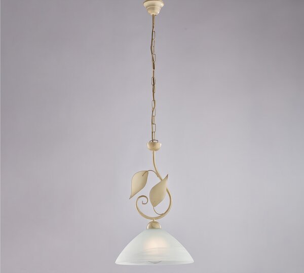 Lampadario in Ferro Laccato Decorazione Oro Antico Diffusore in Vetro �30 cm, 1 x E27 - 55 Watt Max, Dimensioni 30x30x h 36 cm - Max 110 cm Avorio Oro