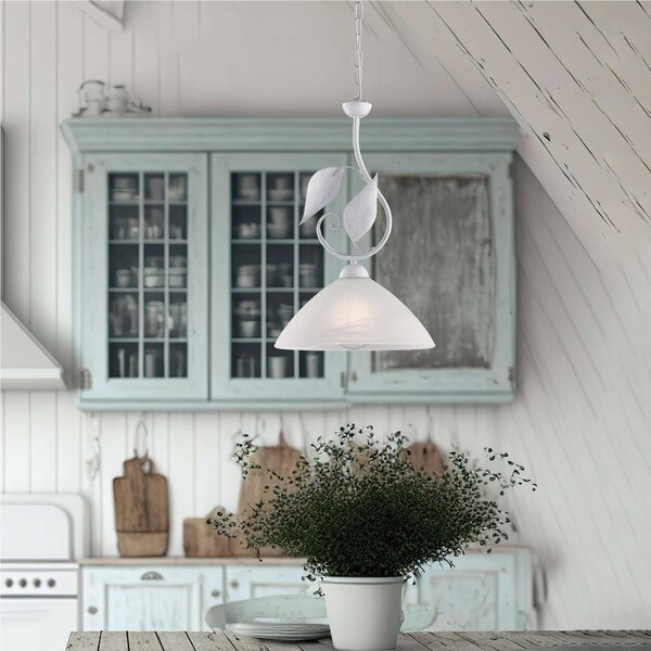 Lampadario in Ferro Laccato Decorazione Oro Antico Diffusore in Vetro �30 cm, 1 x E27 - 55 Watt Max, Dimensioni 30x30x h 36 cm - Max 110 cm Bianco Argento