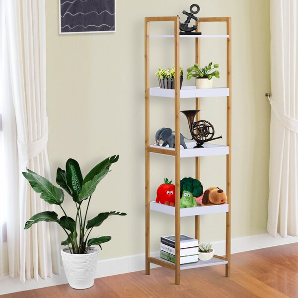 HOMCOM Scaffale Portaoggetti a 5 Ripiani in Bambù per Ingresso, Bagno e Ufficio, 32x30x130 cm, Bianco | Aosom Italy