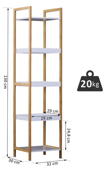HOMCOM Scaffale Portaoggetti a 5 Ripiani in Bambù per Ingresso, Bagno e Ufficio, 32x30x130 cm, Bianco | Aosom Italy