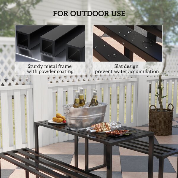 Outsunny Set da Pranzo, 3 Pezzi, 2 Panche e 1 Tavolino, per 4 Persone, in Metallo, Nero | Aosom Italy