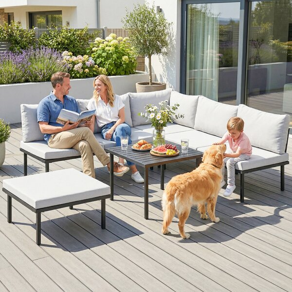 Outsunny Set Lounge da Giardino 5-6 Persone con Divano 2 Posti, 2 Sedie, Poltrona Angolare Tavolo a Listelli e Poggiapiedi | Aosom Italy