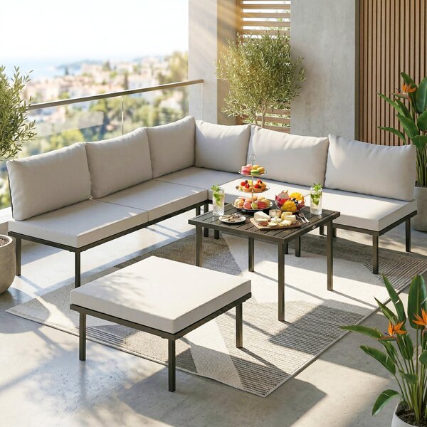 Outsunny Set Lounge da Giardino 5-6 Persone con Divano 2 Posti, 2 Sedie, Poltrona Angolare Tavolo a Listelli e Poggiapiedi | Aosom Italy
