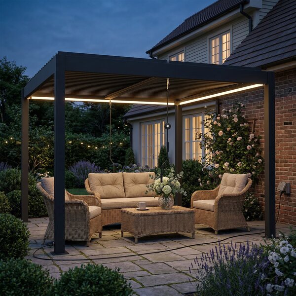 Outsunny Pergola 3x3 m, Copertura per Terrazza in Alluminio con Illuminazione LED, Telecomando, Tetto a Lamelle Regolabile | Aosom Italy